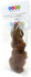 A chocolate Easter bunny in a clear package, featuring a header card and a logo. The bunny is brown.