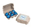 A carton filled with six blue chocolate eggs, featuring a sticker on the lid.