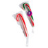 Two candy canes in red, white, and green, individually wrapped, with a logo on one package.