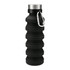 A drink bottle in black silicone with a silver cap and a carabiner attachment, featuring a collapsible design.