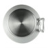 A drink bottle in silver with a stainless steel finish and a handle, featuring a branding logo.