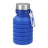 A drink bottle in blue silicone with a stainless steel lid and carabiner. It features a collapsible design.