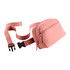 A pink recycled sport fanny pack with a zipper and adjustable strap, featuring a logo.