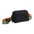 A black fanny pack with a rainbow-striped adjustable strap and a zippered front pocket. It features a logo.