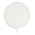 A round, white wireless charging pad with a small connector. It has a minimalist design and includes a logo.