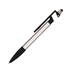 A shiny silver and black stylus pen featuring a sleek design and a clip for easy attachment.