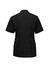 A black women's jacket with short sleeves and a tailored design, featuring side pockets and a logo.