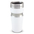 A drink bottle in white with a stainless steel band at the top and a metallic base, featuring a logo.