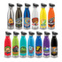 A drink bottle collection featuring various colours, including silver, blue, orange, green, red, and purple, with multiple logos.