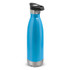 A drink bottle in vibrant blue with a stainless steel bottom and a black push-button lid.