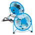 A blue desk fan with a USB cable, featuring a metal grill and dual fan design. It has a small logo on the side.