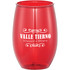 A red stemless wine cup made of plastic with a logo on the front. Suitable for serving beverages.