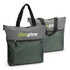 Two grey and green tote bags with black handles, featuring a logo on the front and a zippered pocket.