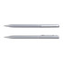 A metal pen in a sleek grey finish, featuring a clip and a clear section for branding.