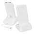 A white wireless charging station with two phone stands and a USB cable. It has a logo on the back.