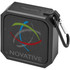 A black, portable Bluetooth speaker with a carabiner clip and a colourful logo design on the front.