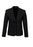 A black women's short-mid length jacket with a fitted silhouette and two front pockets. Features a single-breasted design.