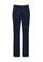 A pair of navy men's slacks with a straight leg design and a waistband featuring a button and zipper.