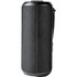 A cylindrical black waterproof Bluetooth speaker with a textured fabric exterior and a carrying strap.