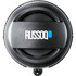 A round, black waterproof Bluetooth speaker featuring a textured surface and a hanging loop for portability.