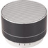 A round black aluminium Bluetooth speaker with a silver grille and control buttons on the base. It has a simple, modern design.