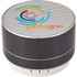A black aluminium Bluetooth speaker with a circular design and a colourful logo on top.