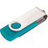 A teal and silver USB flash drive, featuring a rotating design for easy access to the connector.