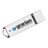 A white USB flash drive with chrome accents and a logo, featuring a capacity of 4 GB.