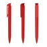 A set of three red plastic pens with a glossy finish and clips, featuring a sleek design.