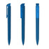 A plastic pen with a transparent blue body and a matching clip, featuring a logo on the side.