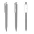 A set of three grey plastic pens with a transparent clip and a sleek design. Features a logo on the clip.