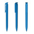 A blue plastic pen featuring a high gloss finish and a clip, displayed from three angles.