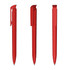 A set of three red plastic pens with high gloss finishes, featuring clips and a smooth design.