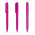 Three transparent pens in vibrant pink, featuring a sleek design and a clip on the cap. Branding is present.