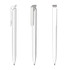 A trio of white plastic pens with a sleek design and clip, featuring a logo on one pen.