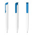 A white pen with a blue clip and tip, featuring a sleek design and an antibacterial element. The pen has a logo.