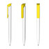 A white plastic pen with a yellow clip, displayed from multiple angles, featuring a branded logo.