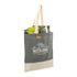 A grey and cream tote bag made from recycled cotton twill, featuring a logo and filled with various items.