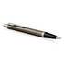 A dark espresso ballpoint pen with a brushed metal finish and a silver clip, featuring branding.