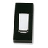 A silver metal money clip displayed in a black, velvet-lined box. The clip has a shiny finish and an unobtrusive logo.