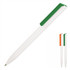 A ballpoint pen with a white barrel and a green cap, featuring a simple and minimalist design.