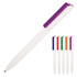 A white ballpoint pen with a purple cap, accompanied by four other pens in different colours. Features a logo.