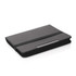 A black tablet folder secured with an elastic band, featuring a sleek design and a logo on the front.