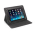 A black tablet folder displaying a tablet in a stand position, featuring a durable exterior and protective corners.