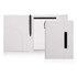 A white A5 notepad folder with a magnetic closure, featuring a pen and lined notepad inside. It has a logo.