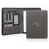 A grey executive tech zipper folder featuring various pockets, a pen holder, and a notepad inside. It has a logo.