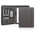 A grey executive zipper folder featuring card slots, a tablet pocket, a notepad, and a pen. It has a sleek design with a logo.