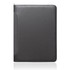 A black executive zipper binder with white stitching and a side pocket, featuring a logo.
