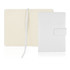 A white A6 notebook journal with a magnetic closure and lined pages inside. It features a matching ribbon bookmark.