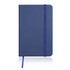 A navy blue A6 notebook journal with a leather-look finish and an elastic band closure. It features a ribbon bookmark and a logo.
